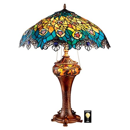 Design Toscano Art Nouveau Peacock Tiffany Style Stained Glass Table Lamp TF10015